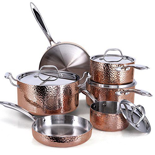 Fleischer & Wolf Seville Series Cookware Set Tri-Ply Hammered Stainless Steel Copper